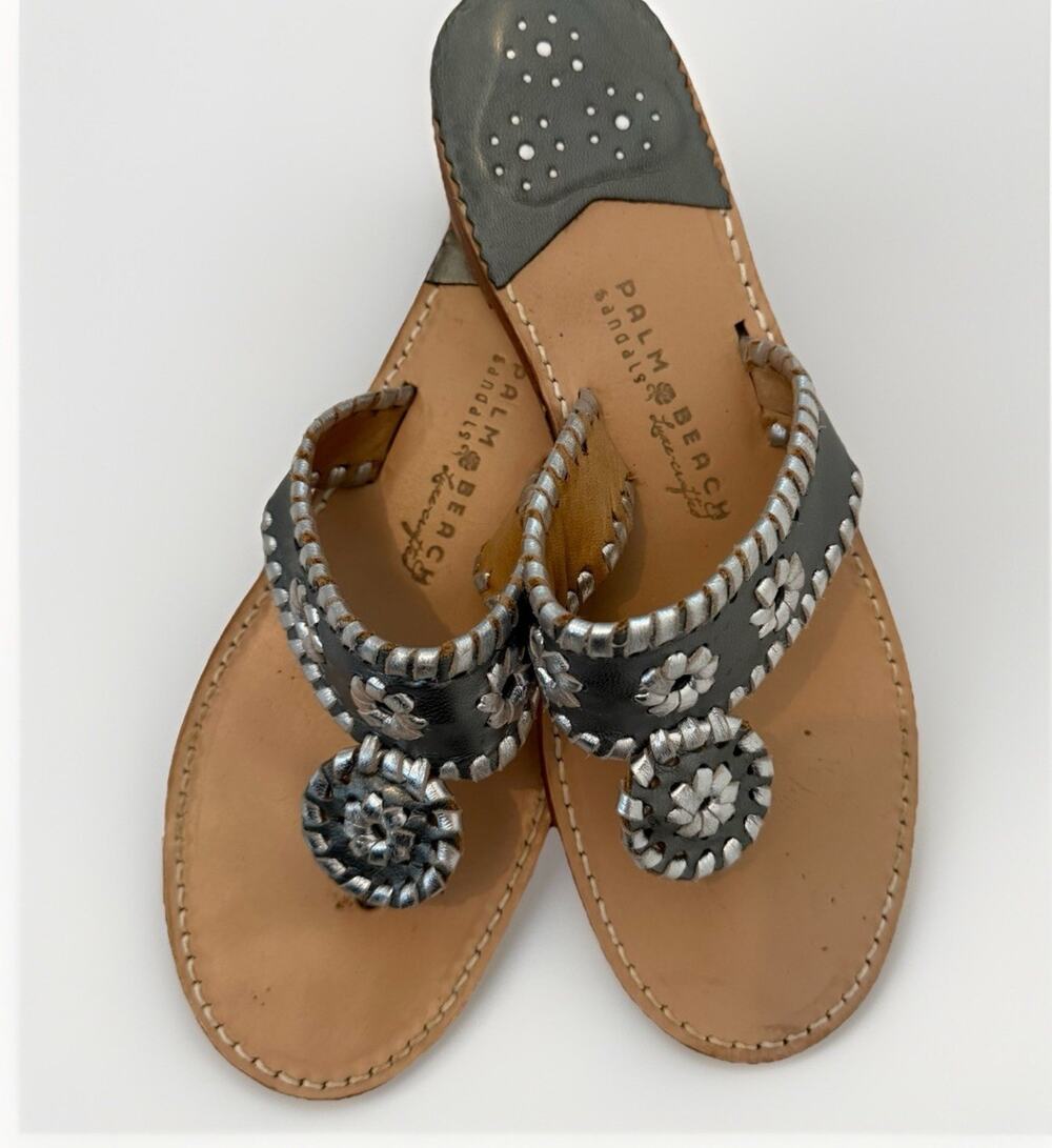 Palm Beach Sandals Gray & Silver Leather Preppy Quiet Luxury Thong Slide Sz 9